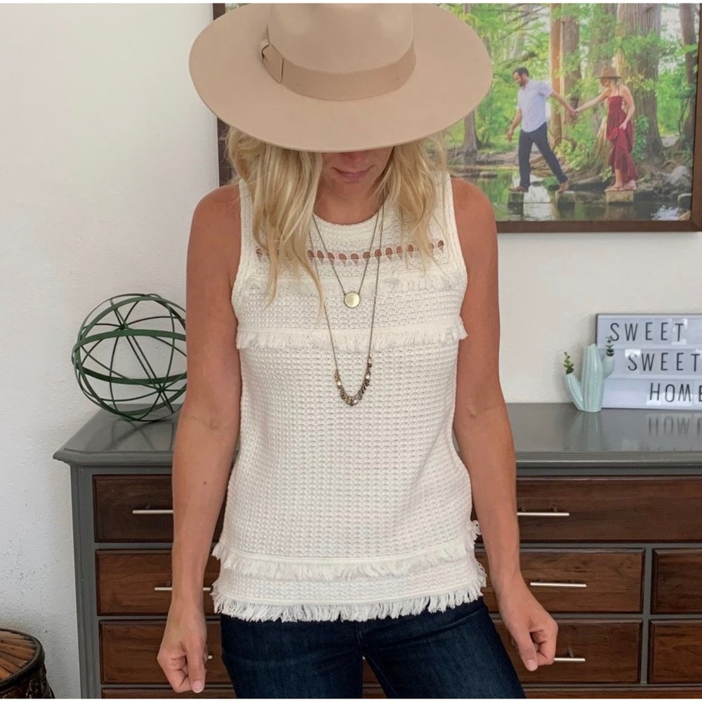J. Crew Factory Knit Fringe Sweater-Tank Ivory Size XS Preppy Office Resortwear
